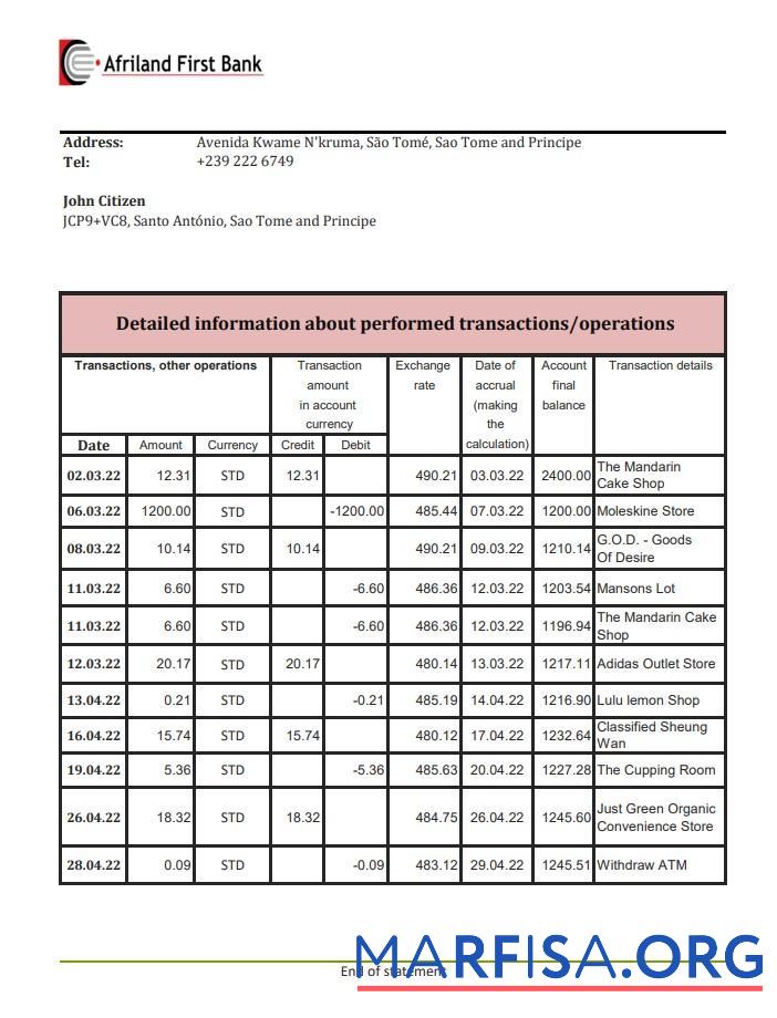 Downloadable Sao Tome and Principe Afriland First bank statement excel sample